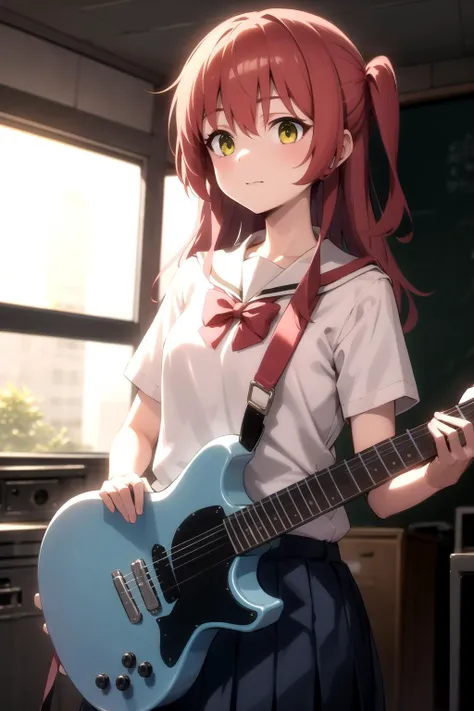 <lyco:kita_locon_v1a:0.7> red hair, yellow eyes /green eyes, school uniform, holding instrument, blue guitar, masterpiece, best quality, highres, <lora:GoodHands-vanilla:1> nice hands, perfect hands