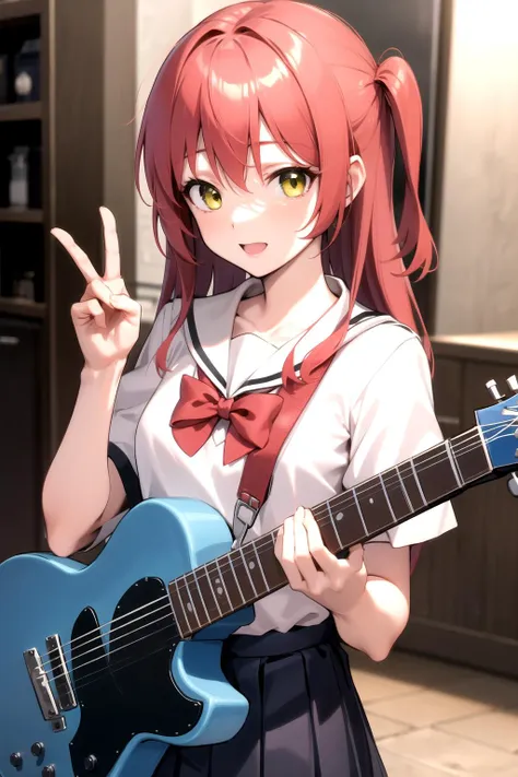 <lyco:kita_locon_v1a:0.7> red hair, yellow eyes /green eyes, school uniform, holding instrument, blue guitar