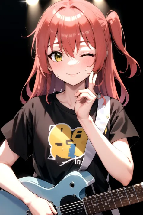 <lyco:kita_locon_v1a:0.8> red hair, yellow eyes /green eyes, black t-shirt, blue guitar, (one eye closed:0.95), smile, stage, sweat, masterpiece, best quality, highres, <lora:GoodHands-vanilla:1> nice hands, perfect hands