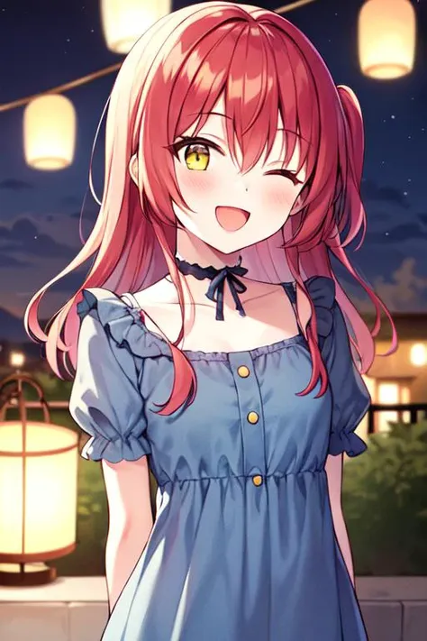 1girl, ;d, blue dress,lurry background, choker, cloud, collarbone, dekalco, depth of field,hair between eyes, long hair, looking at viewer, one eye closed, open mouth, outdoors, puffy short sleeves, puffy sleeves, red bag, ribbon-trimmed choker, short sleeves, sky, smile, soft serve, solo, upper body, yellow eyes, red hair,night, arms behind back, lantern,  <lora:kitaIkuyoBocchiTheRock_v10a:0.7>