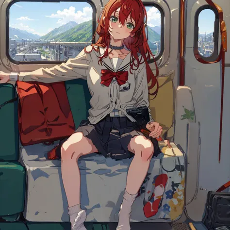 (masterpiece:1.4), best quality, absurdres, cinematic lights, dramatic, 1girl, (best quality:1.3), , (no_shoes,:1.3) BREAK  <lora:KITA:0.9>, sitting on a train,( feet up:1.3), (feet in the face of the viewer:1.6), socks, BREAK looking down on the viewer, shy,scared, red hair, school uniform, BREAK soles, feet, (no_shoes:1.3),BREAK green eyes, soles up, (from below:1.4) , (feet lifted up:1.4),BREAK train interior, train window, mountainous horizon, feet lifted from the ground up