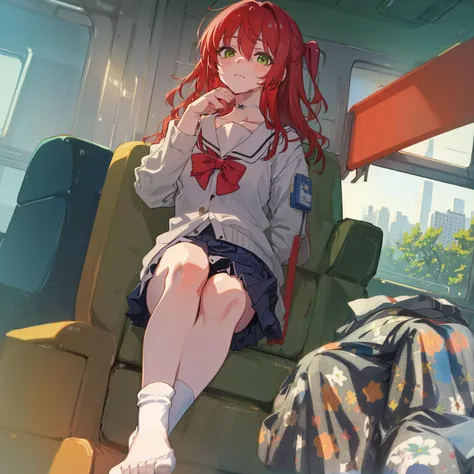 (masterpiece:1.4), best quality, absurdres, cinematic lights, dramatic, 1girl, (best quality:1.3), , (no_shoes,:1.3) BREAK  <lora:KITA:0.9>, sitting on a train,( feet up:1.3), (feet in the face of the viewer:1.6), socks, BREAK looking down on the viewer, shy,scared, red hair, school uniform, BREAK soles, feet, (no_shoes:1.3),BREAK green eyes, soles up, (from below:1.4) , (feet lifted up:1.4),BREAK train interior, train window, mountainous horizon, feet lifted from the ground up