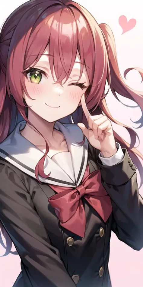 + -, 1girl, blush, brown sailor collar, closed mouth, eyelashes, eyes visible through hair, green eyes, hair between eyes, half updo, hand up, happy, heart, heart hair, index finger raised, leaning forward, lens flare, long hair, long sleeves, one eye closed, pastel colors, pink background, sailor collar, school uniform, side ponytail, sidelocks, smile, solo, sparkle, sparkling eyes, upper body, red hair,<lora:kita_locon_v1a:0.7>