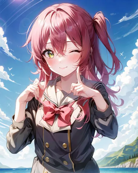 masterpiece, best quality, 1 girl,  <lora:kitaIkuyoLocon_v10a:0.7>,  blush, brown sailor collar, closed mouth, eyelashes, eyes visible through hair, green eyes, hair between eyes, half updo, hand up, happy, heart, heart hair, index finger raised, leaning forward, lens flare, long hair, long sleeves, one eye closed, pastel colors, pink background, sailor collar, school uniform, side ponytail, sidelocks, smile, solo, sparkle, sparkling eyes, upper body, red hair,