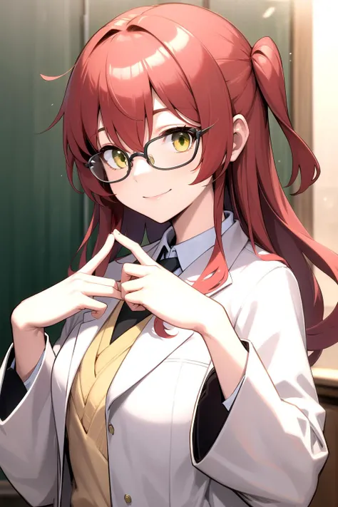 <lyco:kita_locon_v1a:0.7> red hair, yellow eyes /green eyes, smile, school uniform, labcoat, glasses, masterpiece, best quality, highres, <lora:GoodHands-vanilla:1> nice hands, perfect hands