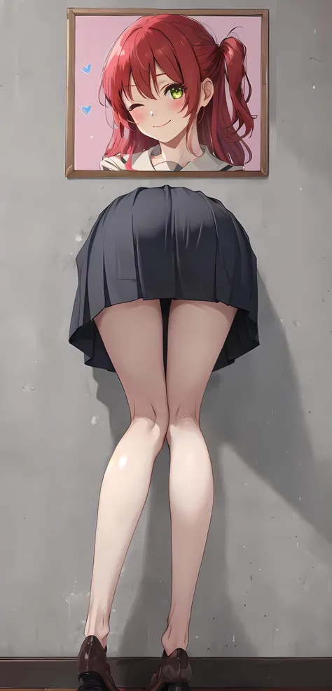 masterpiece,best quality,photo(object),photo(object) on the wall,(upper body focus),looking_at_viewer,<lora:kita_locon_v1a:0.9>,1 girl,blush,brown sailor collar,closed mouth,eyelashes,eyes visible through hair,green eyes,hair between eyes,half updo,hand up,happy,heart,heart hair,index finger raised,long hair,long sleeves,one eye closed,pastel colors,pink background,sailor collar,school uniform,side ponytail,sidelocks,smile,solo,sparkle,sparkling eyes,upper body,red hair,(full body),white background,<lora:glory_wall:0.7> through wall, stationary restraints,ass focus,restrained, stuck also photo(object),