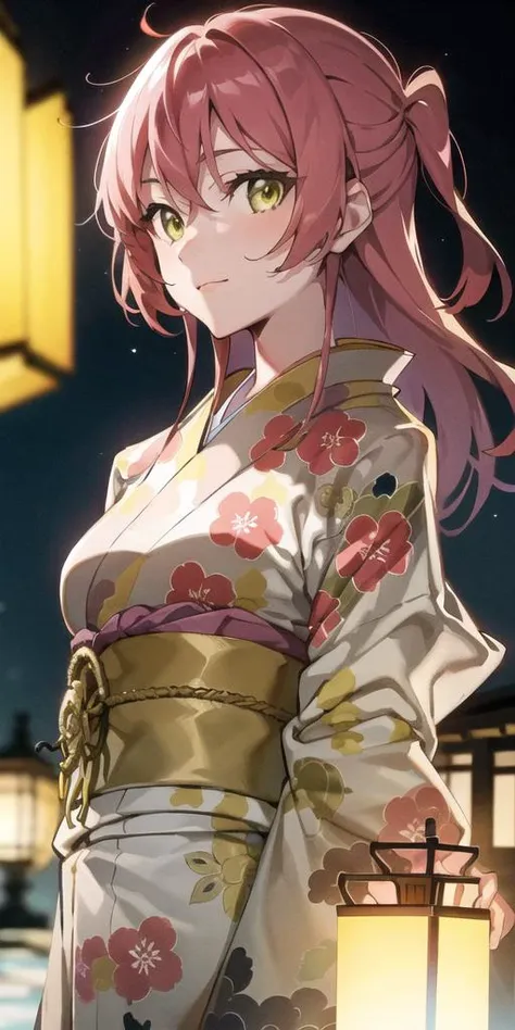 1girl, kimono, japanese clothes, upper body, red hair, yellow eyes, lantern, night, river, looking at viewer, arms behind back, hair ornament, floral print, long hair, <lora:kita_locon_v1a:0.7>, <lora:Vivid_Impactful_Style_locon_v4h:0.7>