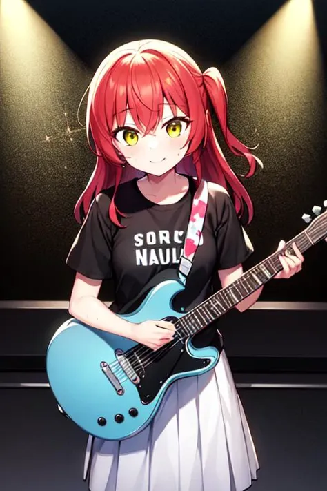 1girl, black shirt, breasts, closed mouth, eyelashes, floral print, from above, glint, yellow eyes, guitar, hair between eyes, holding, holding instrument, instrument, long hair, looking to the side, medium breasts, microphone, music, playing instrument, shirt, sidelocks, skirt, smile, solo, sparkle, spotlight, stage, standing, sweat, two side up, white skirt, red hair, <lora:kitaIkuyoBocchiTheRock_v10a:0.7>