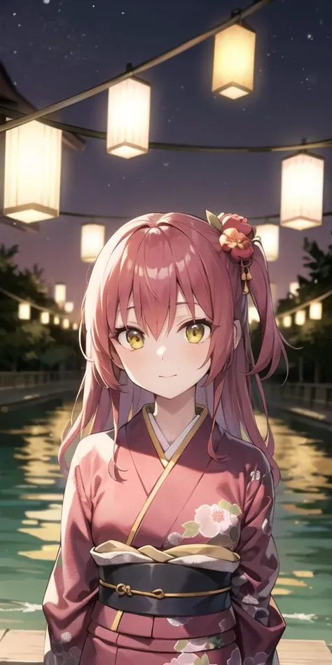 1girl, kimono, japanese clothes, upper body, red hair, yellow eyes, lantern, night, river, looking at viewer, arms behind back, hair ornament, floral print, long hair, <lora:kita_locon_v1a:0.7>