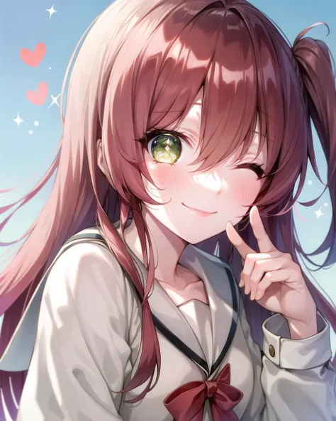 masterpiece, best quality, 1 girl,  <lora:kitaIkuyoLocon_v10a:0.7>,  blush, brown sailor collar, closed mouth, eyelashes, eyes visible through hair, green eyes, hair between eyes, half updo, hand up, happy, heart, heart hair, index finger raised, leaning forward, lens flare, long hair, long sleeves, one eye closed, pastel colors, pink background, sailor collar, school uniform, side ponytail, sidelocks, smile, solo, sparkle, sparkling eyes, upper body, red hair,