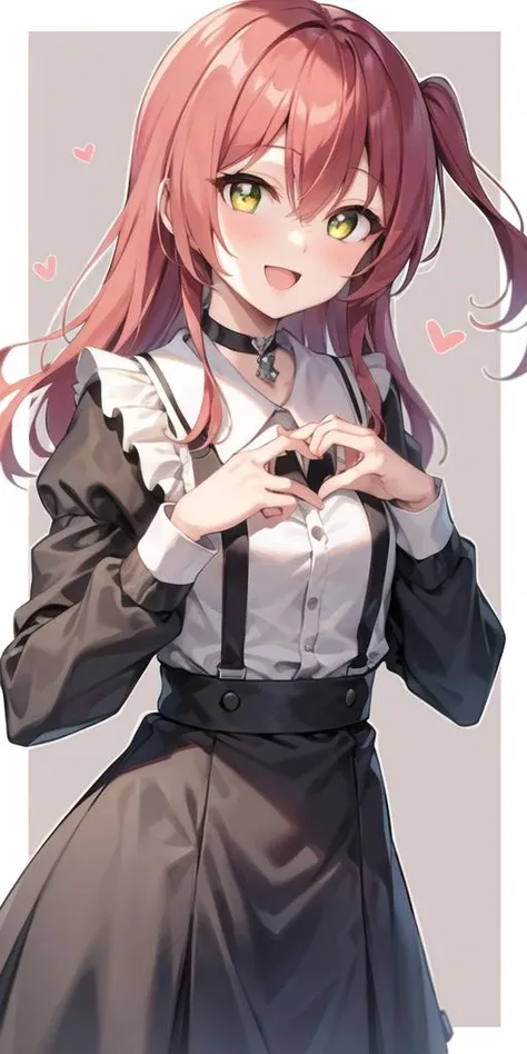 1girl, :d, black bow, black choker, black skirt, bow, center frills, choker, collared shirt, diagonal stripes, frilled shirt collar, frilled skirt, frills, green eyes, hair between eyes, hair bow, hands up, heart, heart-shaped pupils, long sleeves, looking at viewer, open mouth, pink shirt, puffy long sleeves, puffy sleeves, shirt, skirt, smile, solo, standing, steepled fingers, striped, striped background, suspender skirt, suspenders, symbol-shaped pupils, two side up, red hair,<lora:kita_locon_v1a:0.7>