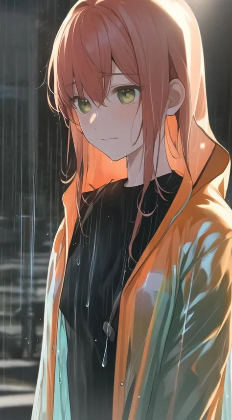 <lora:Plastic coat_20230530052249-000003:0.5>,  ( (wearing orange Plastic raincoat:1.2),(Translucent material:1.5),see-through),1girl, green eyes, hair between eyes, middle breast,long hair, black shirt,solo ,red hair,(depressed:1.2),<lyco:kita_locon_v1a:1.3>,looking at me,two arms behind back,Full-Shot Angle,upper body only,<lora:theMatrixLora_offset:1>film grain, (green tint effect:1.2),matrix cityspace,(day:1.1),steamy,(heavy rain:1.2),on the street,masterpiece, outdoors,(photorealistic:1.5), best quality, beautiful lighting, professional lighting, extreme long shot,