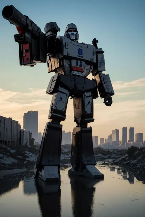 (8k,best quality, masterpiece:1.2),physically-based rendering,surface reflection,metallic luster, <lora:megatron_g1:1>, giant mecha, post apocalyptic city background, <lora:add_details:1>