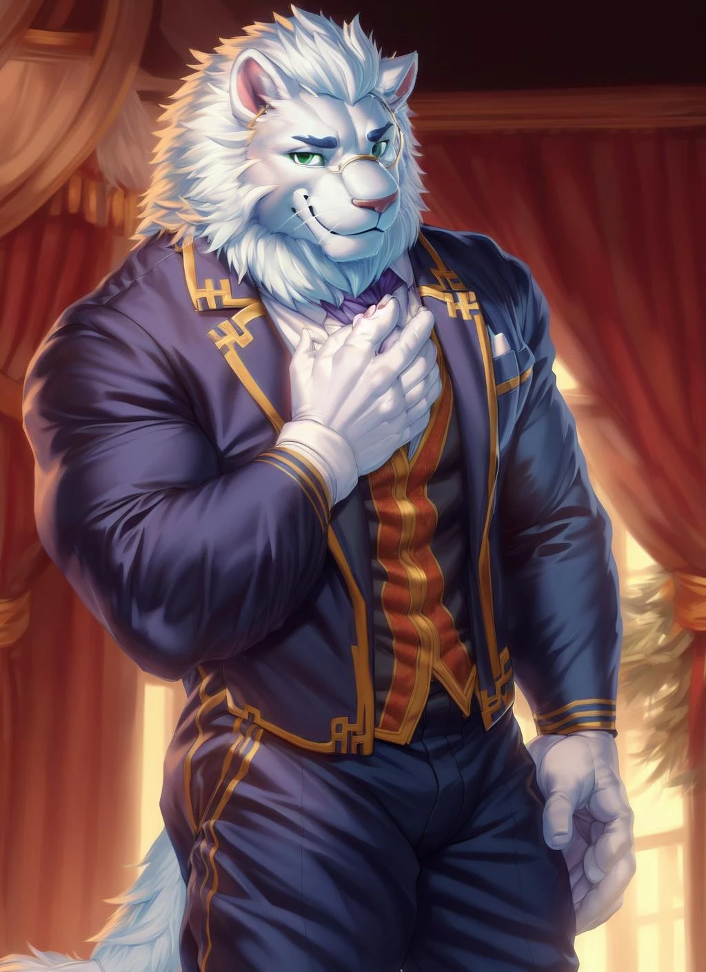 <lora:snow-09:1>, snow-tas, (soft shading), 4k, hi res, ((detailed face, detailed eyes, detailed)), (full body), by zackarry911, by zaush, (by personalami:0.5), mature male, bara, muscular male, muscular, looking at viewer, smile, shirt, 1boy, male focus, pants, white gloves, vest, feet out of frame, black pants, formal, suit, black background, arm behind back, adjusting clothes, black suit, butler, green eyes,