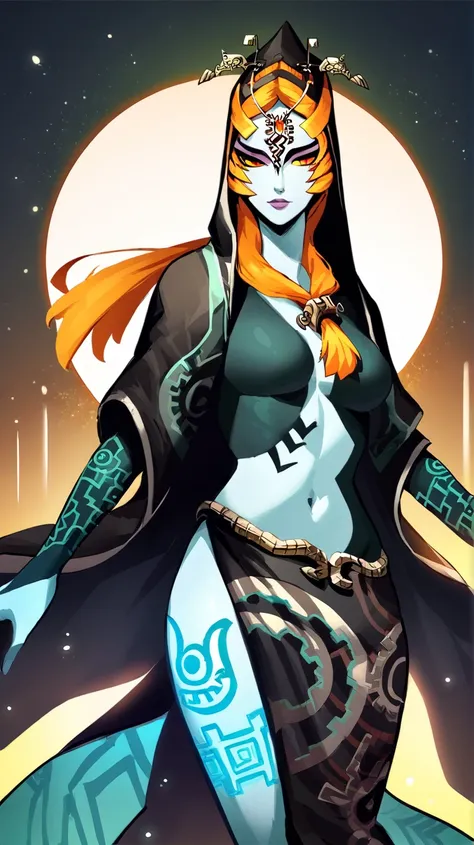 <lora:MidnaX_XL_AM_V1:1> masterpiece, best quality, midnatrue, colored sclera, multicolored skin, two-tone skin, front ponytail, nude, nsfw, cloak, hood, hair ornament, forehead jewelry, smile, standing, soft lighting, intricate, highly detailed, soft particles, fantasy landscape, sunset, starry sky