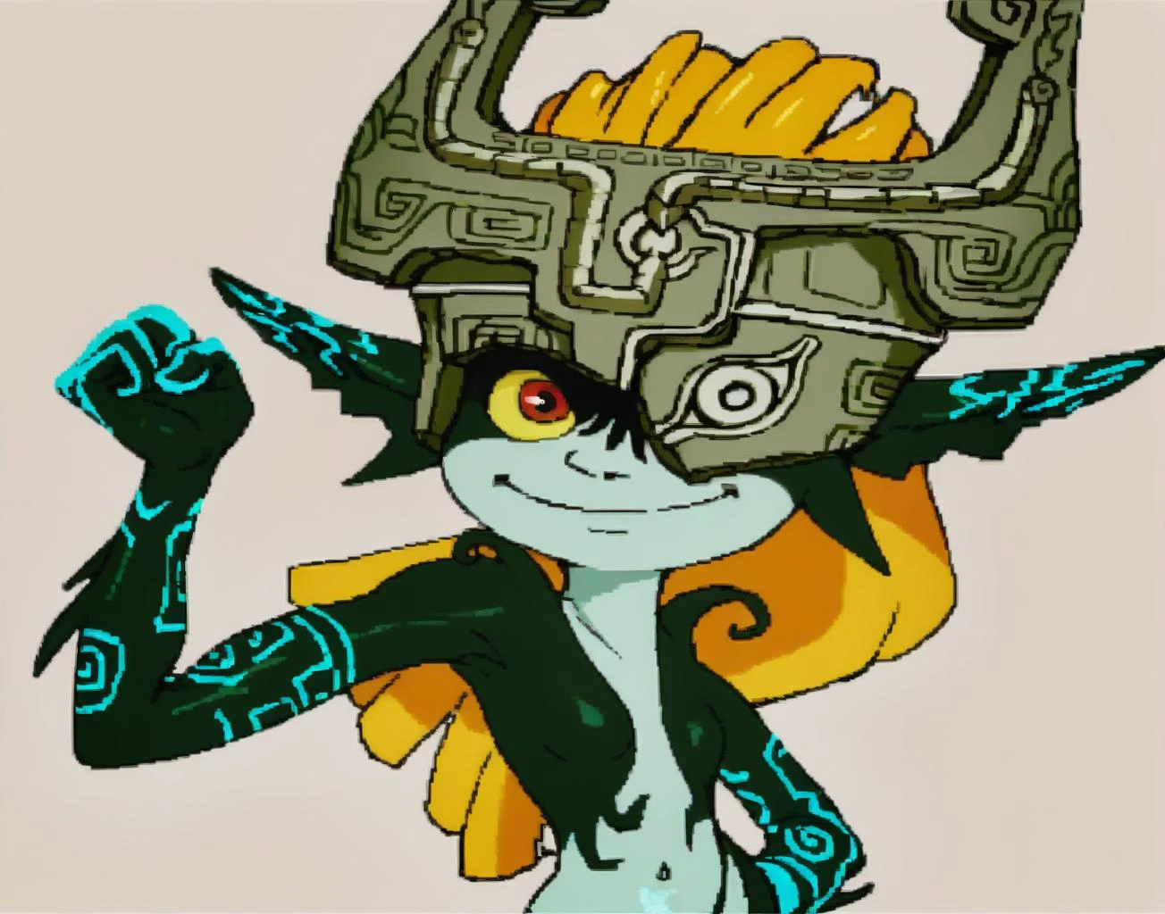 score_9, score_8_up, score_7_up, score_6_up, score_4, score_5
<lora:Midna_XL_PD_V6:1> midnaimp, colored sclera, multicolored skin, two-tone skin, helmet, long hair,
portrait, flexing arms, goofy,
<lora:cdi_pdxl_:1>
