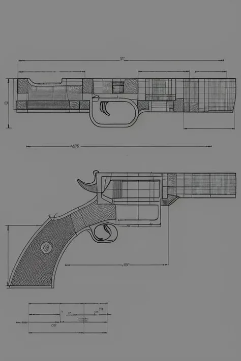 detailed techdraw of gun, a detailed drawing, arow line dimensions in mm, soft smooth lighting, soft colors, 3d blender render <lora:TechDrawV1:1>