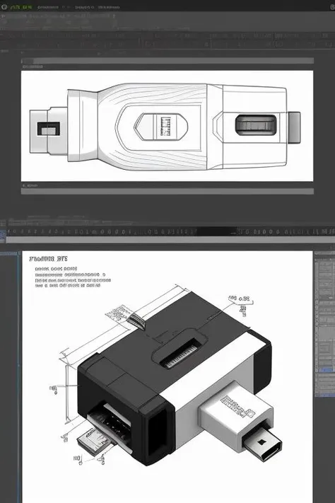 detailed techdraw of USB adapter, a detailed drawing, arow line dimensions in mm <lora:TechDrawV1:0.3>