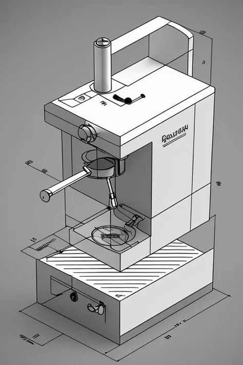 detailed techdraw of coffee machine with parts, a detailed drawing, arow line dimensions in mm, soft smooth lighting, soft colors, 3d blender render <lora:TechDrawV1:0.7>