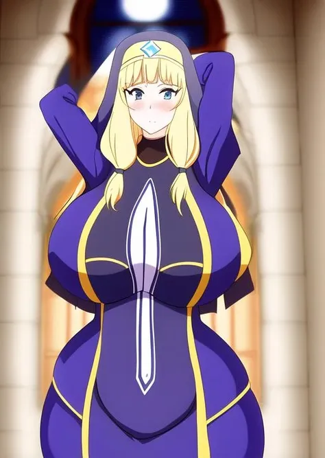 cecily, 2k, masterpiece, absurdres, anime, sad, sad face, sad smile,  <lora:Cecily_v1.0:0.7>, big ass, big breasts, blonde hair, blue eyes, nun, head-on, head-on perspective