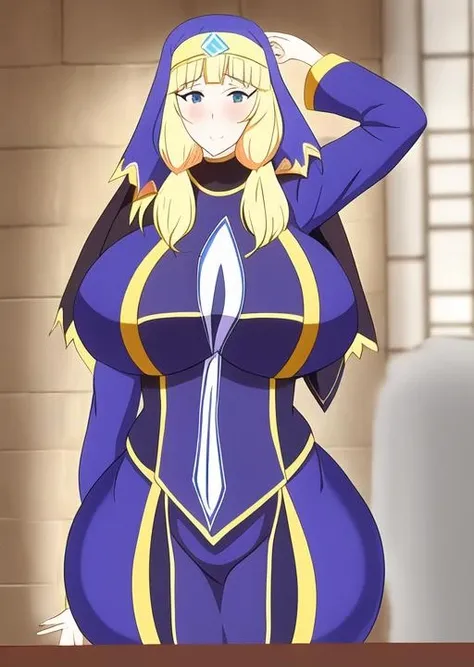 cecily, 2k, masterpiece, absurdres, anime, sad, sad face, sad smile,  <lora:Cecily_v1.0:0.7>, big ass, big breasts, blonde hair, blue eyes, nun, head-on, head-on perspective