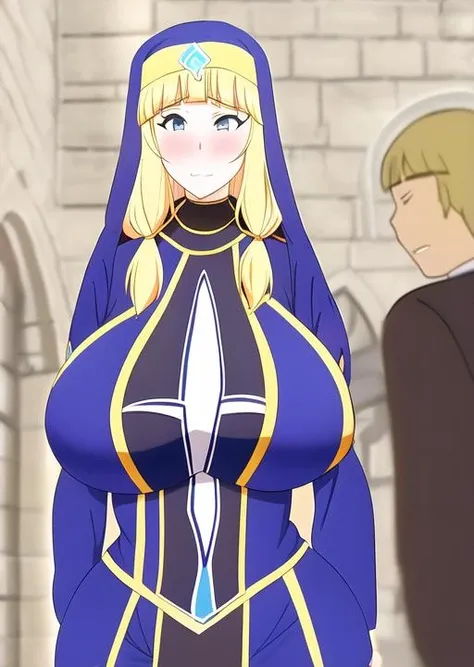 cecily, 2k, masterpiece, absurdres, sad, sad face, sad smile,  <lora:Cecily_v1.0:0.7>, big ass, big breasts, blonde hair, blue eyes, nun, head-on, head-on perspective