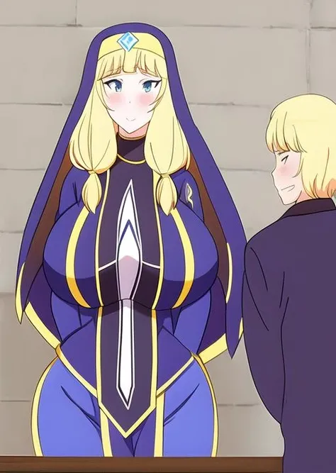 cecily, 2k, masterpiece, absurdres, anime, sad, sad face, sad smile,  <lora:Cecily_v1.0:0.7>, big , , blonde hair, blue eyes, nun, head-on, head-on perspective