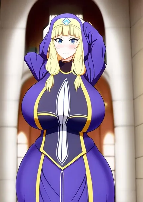 cecily, 2k, masterpiece, absurdres, sad, sad face, sad smile,  <lora:Cecily_v1.0:0.7>, big ass, big breasts, blonde hair, blue eyes, nun, head-on, head-on perspective
