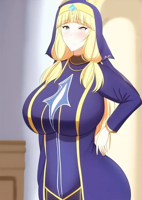 cecily, 2k, masterpiece, absurdres, sad, sad face, sad smile,  <lora:Cecily_v1.0:0.7>, big , , blonde hair, blue eyes, nun, head-on, head-on perspective