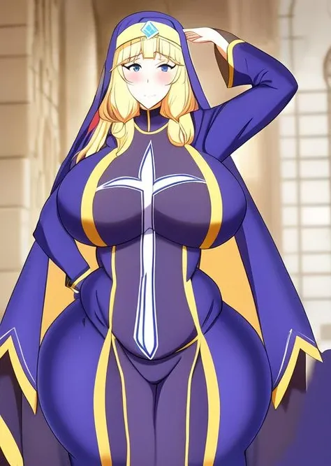 cecily, 2k, masterpiece, absurdres, sad, sad face, sad smile,  <lora:Cecily_v1.0:0.7>, big , , blonde hair, blue eyes, nun, head-on, head-on perspective