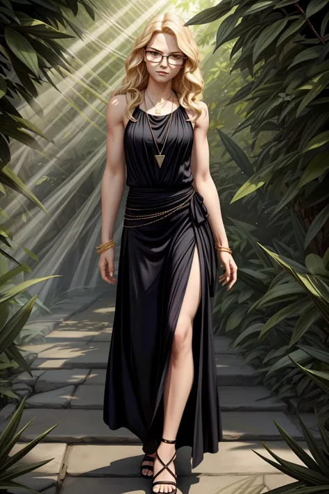 best quality, masterpiece, realistic,  <lora:Jennifer_Morrison-v1:1.4> j3nn with blonde hair and wearing black nerd glasses,, <lora:add_detail:1> , <lora:GoodHands-beta2:1>,Resort Glam: Flowy maxi dress, statement necklace, and strappy heels., Classic Matte, High-Key Portraits, triangles, Sunlight filtered through leaves or branches (Sunlight Through Foliage).