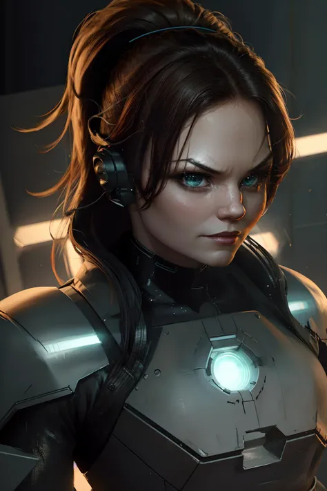 <lora:jen-03:1.4> j3nn, <lora:add_detail:0.2> ,  portrait,  looking at viewer, solo, half shot, detailed background, close up, detailed face,  futuristic   green adamantium armor, thick bulky armor, polygonal pattern,  high-tech,  modules, advanced technology, robotics, cybernetic implants,  headset, head-up display,  epic  starry outer space in background, orange lights,  neon lights,   electricity, explosions,  hologram, cinematic atmosphere,