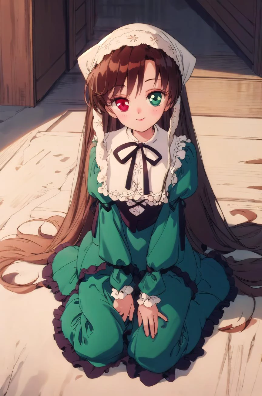 (masterpiece,best quality, detailed), indoors, looking at viewer, 1girl, solo, full body, from above, smile, sitting, wariza,
suiseiseki, heterochromia, twin drills, green dress, neck ribbon, bonnet, head scarf, <lora:smv1-10:1>, <lora:SuiseisekiV1-000008:1>