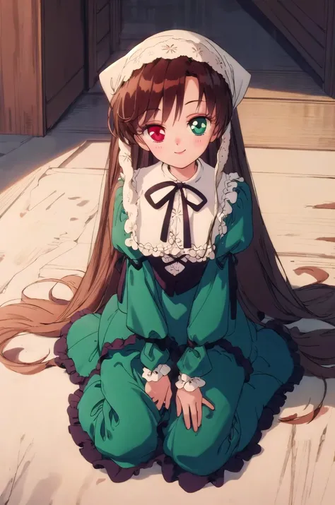 (masterpiece,best quality, detailed), indoors, looking at viewer, 1girl, solo, full body, from above, smile, sitting, wariza,
suiseiseki, heterochromia, twin drills, green dress, neck ribbon, bonnet, head scarf, <lora:smv1-10:1>, <lora:SuiseisekiV1-000008:1>