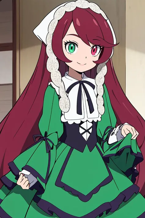 <lora:Alola_Style:0.65>,
((masterpiece,best quality)), absurdres,
1girl, solo, standing, suiseiseki, heterochromia, twin drills, green dress, neck ribbon, bonnet, head scarf, red eye, green eye,
smile, cowboy shot, <lora:SuiseisekiV1-000008:1>
