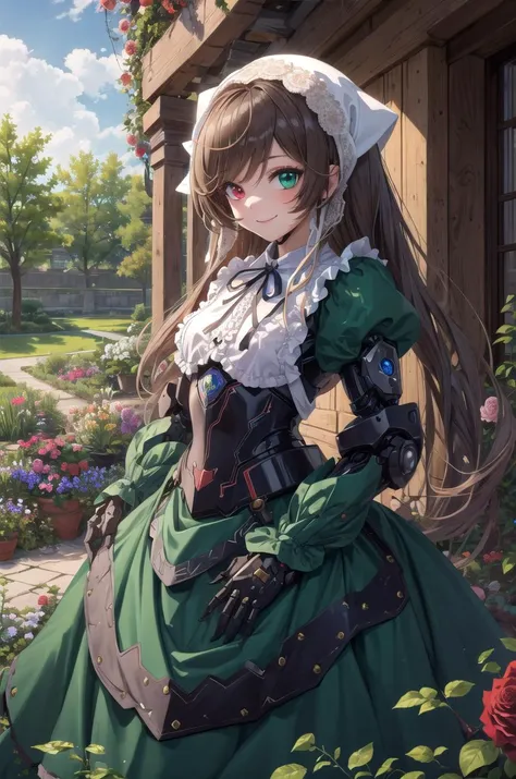 (masterpiece,best quality, detailed), outdoors, garden, 1girl, solo, rose, cowboy shot, smile, looking to the side, <lora:SuiseisekiV1-000008:0.7>,
suiseiseki, heterochromia, twin drills, green dress, neck ribbon, bonnet, head scarf,  <lora:mecha_offset:1>, full armor, mechanical parts, headgear, mecha, mecha musume