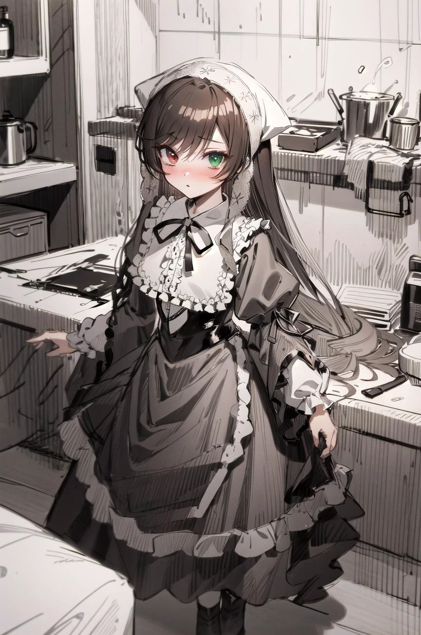 (masterpiece,best quality, detailed), indoors, kitchen, looking at viewer, 1girl, solo, full body, standing, cowboy shot, blush, nose blush,
suiseiseki, heterochromia, twin drills, green dress, neck ribbon, bonnet, head scarf, penSketch_style, monochrome, ink sketch, <lora:pensketch_lora_v2.3:0.8>, <lora:SuiseisekiV1-000008:1>