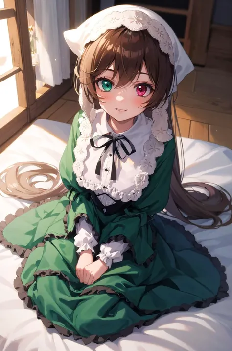 (masterpiece,best quality, detailed), indoors, looking at viewer, 1girl, solo, full body, from above, smile, sitting, wariza,
suiseiseki, heterochromia, twin drills, green dress, neck ribbon, bonnet, head scarf