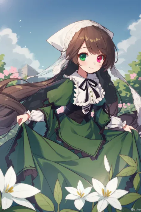 1girl, solo, smile, suiseiseki, bonnet, head scarf, heterochromia, green dress, neck ribbon, twin drills, outdoors, garden, <lora:SuiseisekiV1:0.8>