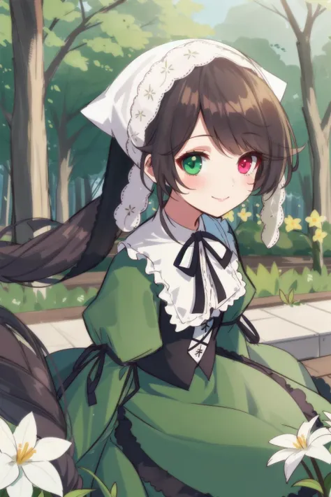 1girl, solo, smile, suiseiseki, bonnet, head scarf, heterochromia, green dress, neck ribbon, twin drills, outdoors, garden, <lora:SuiseisekiV1:0.8>