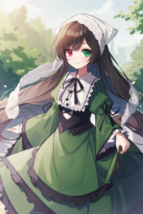1girl, solo, smile, suiseiseki, bonnet, head scarf, heterochromia, green dress, neck ribbon, twin drills, outdoors, garden, <lora:SuiseisekiV1:0.8>
