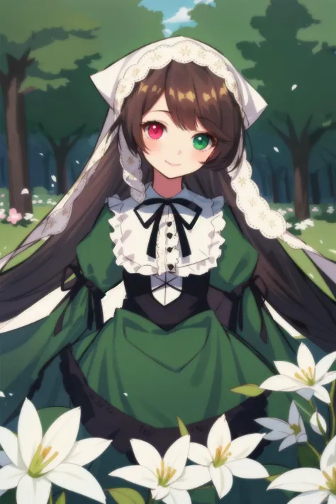 1girl, solo, smile, suiseiseki, bonnet, head scarf, heterochromia, green dress, neck ribbon, twin drills, outdoors, garden, <lora:SuiseisekiV1:0.8>