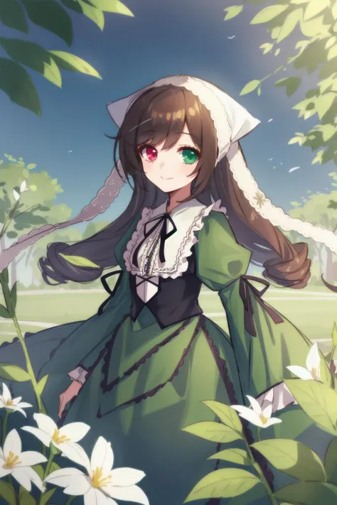 1girl, solo, smile, suiseiseki, bonnet, head scarf, heterochromia, green dress, neck ribbon, twin drills, outdoors, garden, <lora:SuiseisekiV1:0.8>
