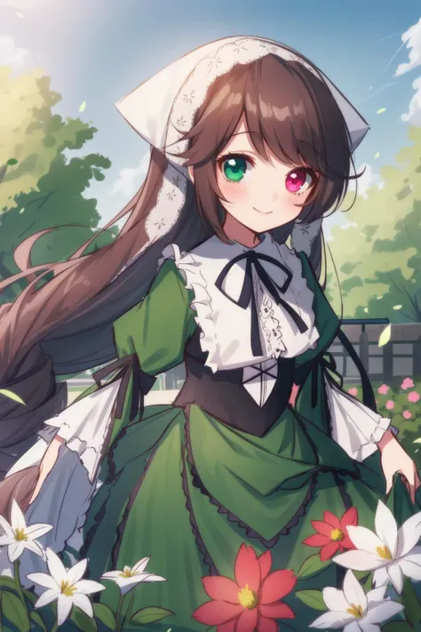 1girl, solo, smile, suiseiseki, bonnet, head scarf, heterochromia, green dress, neck ribbon, twin drills, outdoors, garden, <lora:SuiseisekiV1:0.8>
