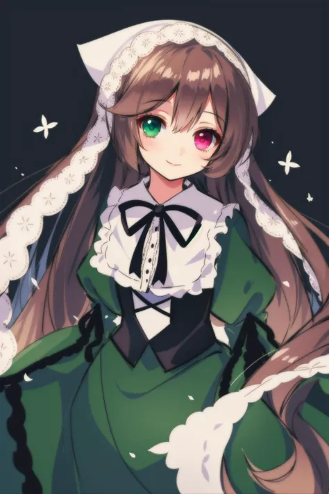 1girl, solo, smile, suiseiseki, bonnet, head scarf, heterochromia, green dress, neck ribbon, twin drills, <lora:SuiseisekiV1:0.8>