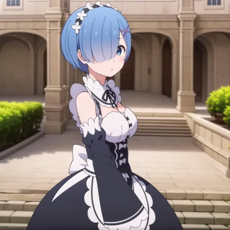 masterpiece, best quality, ultra-detailed, illustration, epic lighting, cinematic composition, colorful, anime, 2d, 1girl, solo, nayutaren, medium breasts, blue hair, short hair, (hair over one eye:1.3), blue eyes, roswaal_mansion_maid_uniform:1.2, white pantyhose, standing, upper body, :o, surprised, looking at viewer:1.1, from the side, outdoors:1.1, nature, garden, mansion, (8k:1.1) <lora:ReZeroRem_v10:0.7>