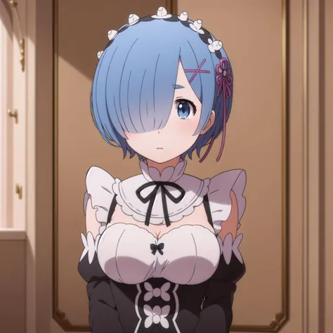 masterpiece, best quality, ultra-detailed, illustration, epic lighting, cinematic composition, colorful, anime, 2d, 1girl, solo, nayutaren, medium breasts, blue hair, short hair, (hair over one eye:1.3), blue eyes, roswaal_mansion_maid_uniform:1.2, white pantyhose, standing, upper body, :o, surprised, looking at viewer:1.1, from the side, outdoors:1.1, nature, garden, mansion, (8k:1.1) <lora:ReZeroRem_v10:0.7>