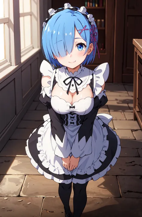 best quality,highly,detailed,masterpiece,ultra-detailed,
looking at viewer, ((1girl,solo)),skinny,blush, full body,
(Delicate eyes,blue eyes),(smile),one eye covered, (cover right eye),hair over one eye,hair ornament,
medium breasts,cleavage,(roswaal mansion maid uniform),
hair ribbon,detached_sleeves, pink_ribbon,
(expressive hair,short hair,:1.2),blue hair,
nayutaren, <lora:ReZero-Rem:0.4>