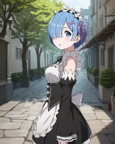 masterpiece, best quality, ultra-detailed, illustration, epic lighting, cinematic composition, colorful, anime, 2d, (finely detailed beautiful eyes: 1.2), 1girl, rem_\(re:zero\), pale skin, cute, medium breasts, blue hair, short hair, (hair over one eye:1.3), blue eyes, roswaal_mansion_maid_uniform, apron, white pantyhose, standing, from the side, surprice, :o, upper body, fantasy, medieval, city, street, cobblestone, trees, crowd, (8k:1.1)  <lora:ReZeroRem_v10:0.3>