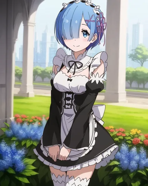 masterpiece, best quality, ultra-detailed, illustration, epic lighting, cinematic composition, colorful, anime, 2d, (finely detailed beautiful eyes: 1.2), 1girl, rem_\(re:zero\), cute, medium breasts, blue hair, short hair, (hair over one eye:1.3), blue eyes, roswaal_mansion_maid_uniform, apron, white thighhighs, standing, smile, closed mouth, cowboy shot, fantasy, summer, blue flowers, garden, blue roses, sunlight, peaceful, serenity, (8k:1.1)  <lora:ReZeroRem_v10:0.4>